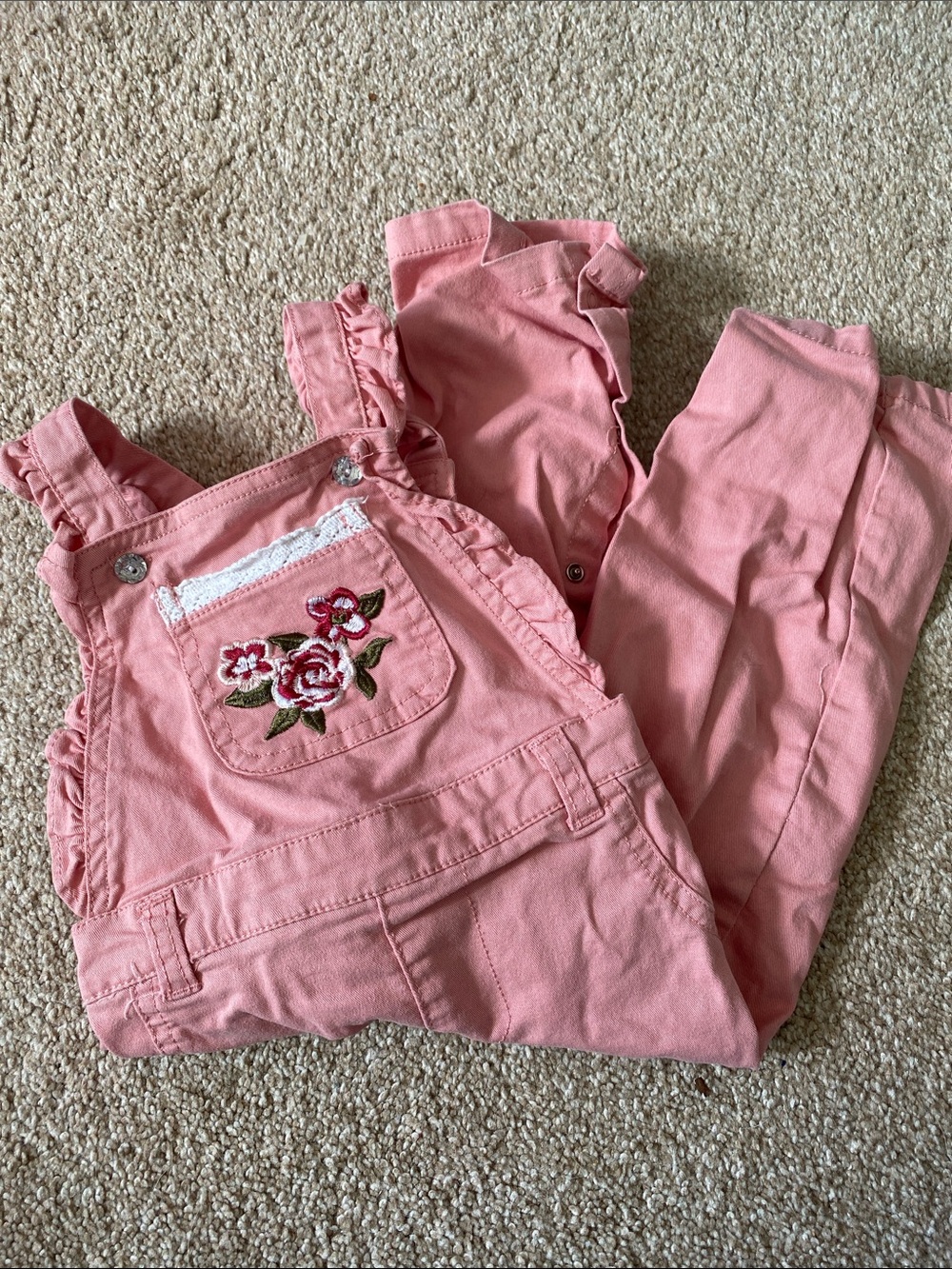 Pink toddler overalls with embroidered roses